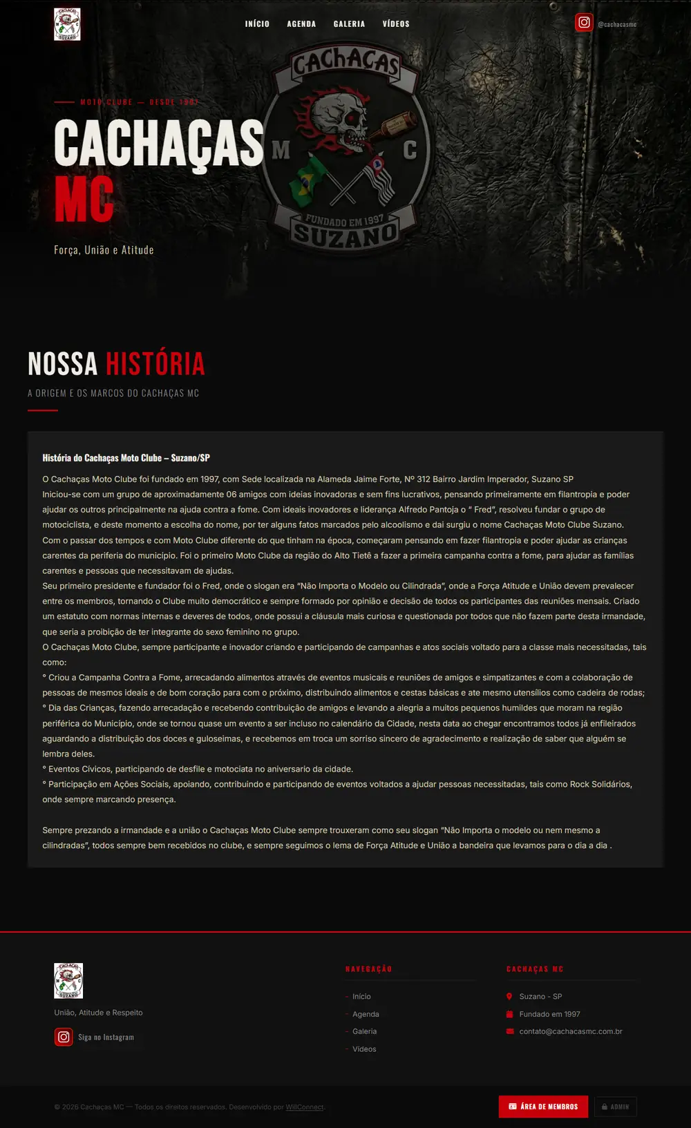 Página inicial completa do site do Cachaças MC, moto clube de Suzano, com a história do clube