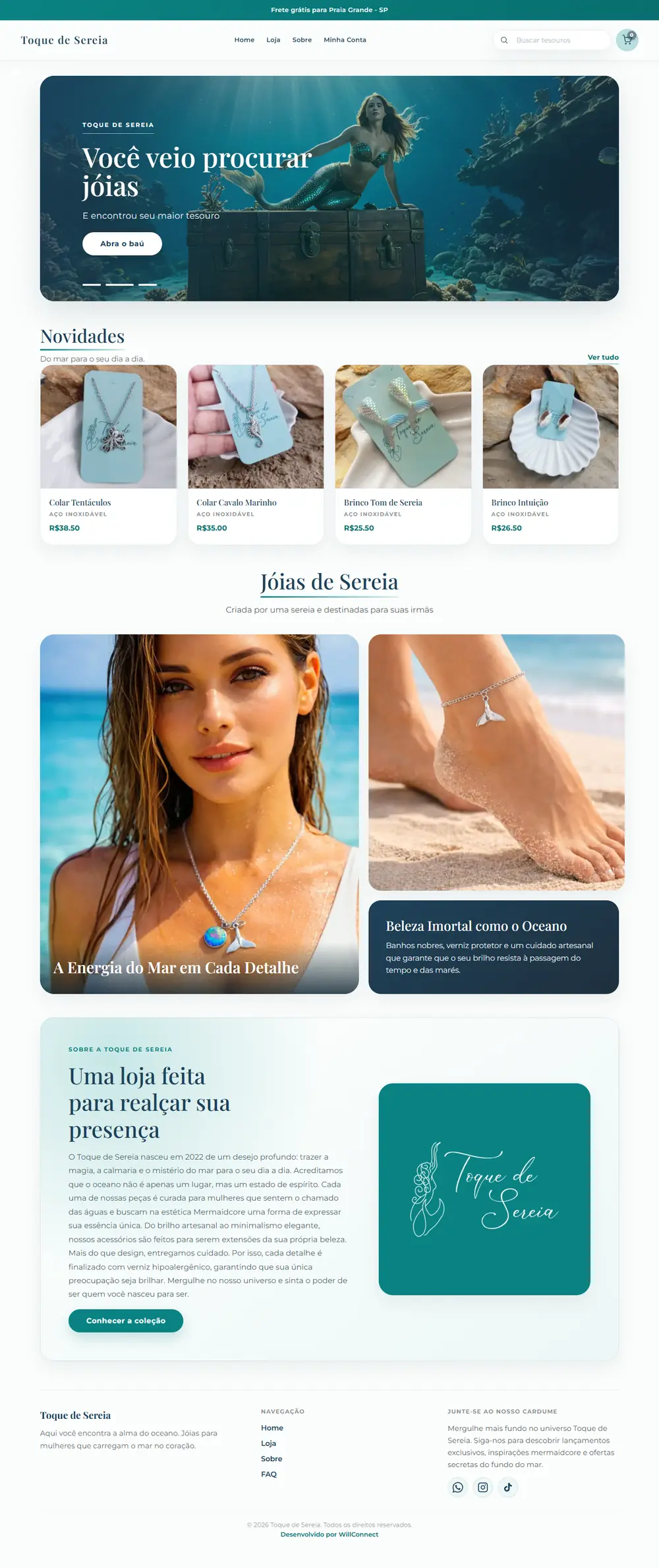 Página inicial completa da loja Toque de Sereia, com banner, novidades e coleção de joias