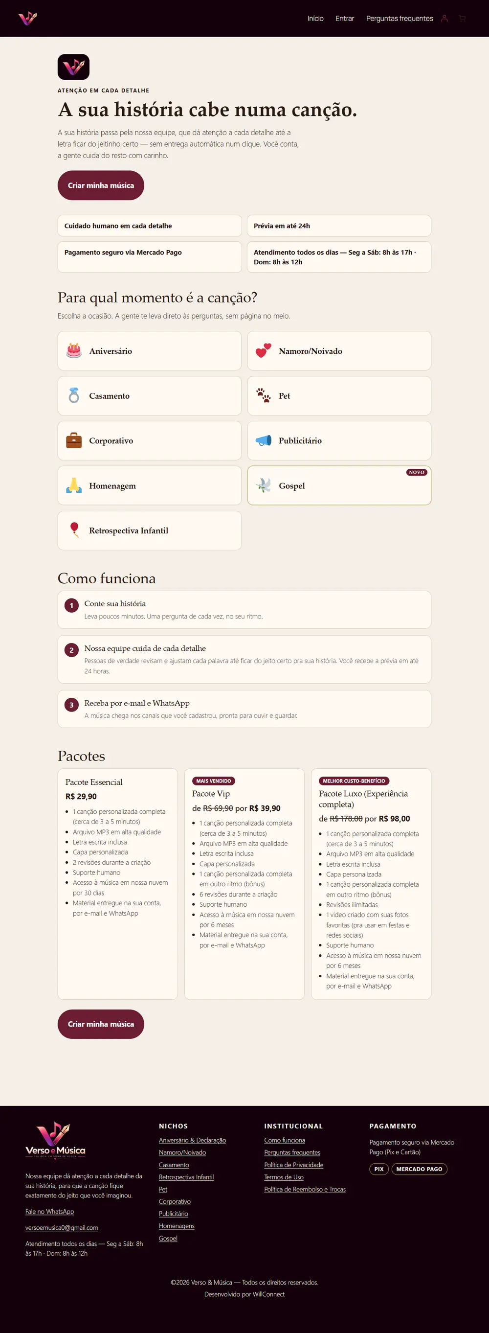 Página inicial completa do Verso e Música, com ocasiões, como funciona e pacotes de músicas personalizadas